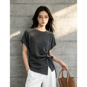 PIAOYA | Womens 2026 Summer Slimming Tie-Waist T-Shirt Loose Round Neck Top