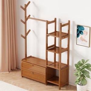 Tủ treo quần áo bằng gỗ tre 3 tầng thông minh có kệ để giày dép 138x100x30cm kệ treo quần áo bằng gỗ cao cấp - King Store