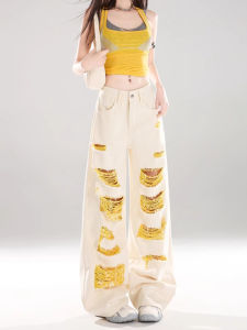 Quần Jeans Nữ Ống Rộng Cạp Cao Màu Vàng Retro MZVZ Quần Dài Thường Ngày Mùa Hè Thời Trang Thường Ngày