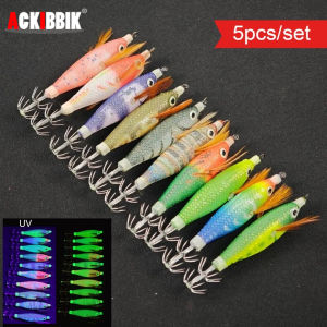 5pcs/set Cloth Wrapped Squid Jigs Egi 8cm Glow Wood Shrimp Lure UV Luminous Egi Bait Realistic Feather Wing Octopus Hooks Tackle