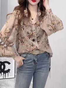 Spring 2025 Womens Loose Long Sleeve Floral Print Shirt Fashionable Design Lantern Sleeve Slimming Effect Korean Style Blouse