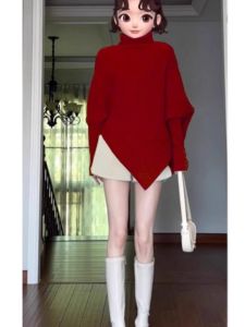 Red High-Neck Knit Sweater Womens Inner Wear Autumn Winter New Style Irregular Design Fashionable And Unique