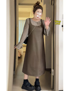 ชุดกระโปรงยาวแขนยาวสไตล์ฝรั่งเศสไซส์ใหญ่ ชุดกระโปรงยาวสองชิ้นสำหรับผู้หญิงในฤดูใบไม้ร่วง ชุดกระโปรงยาวทรงเอ