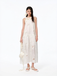 XIAOLI | Summer White Lemon Embroidered Cutout Halter Strap Dress