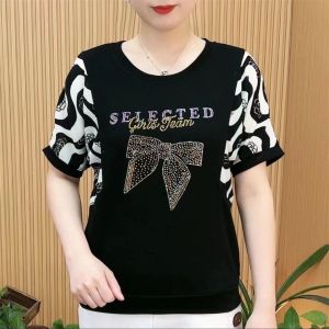 HUAXUNRAN | Large Size Loose T-Shirt with Rhinestones and Slimming Print