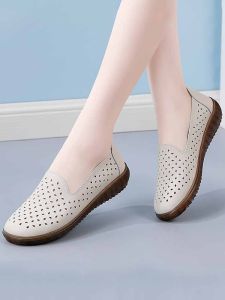 SHIPAILUO | Leather Hollow Out Slip-On Womens Shoes Summer New Style Anti-Slip Mom Shoes Soft Bottom Sandals Casual Round Toe Flat Heel