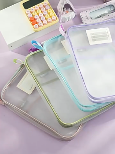 Mesh Zippered File Bag L-shaped Large Exams Stationery Holder Storage Bag Translucent Zipper Pencil Pouch Office School
