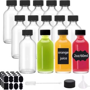 12Piece Glass Bottles with Lids &3 Funnels - 60Ml Bottles 2 Oz Clear for Juice Ginger Shots Whiskey