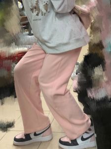 Pink Wide Leg Knitted Casual Pants Loose Straight Drapey Womens Spring Autumn Sports Leisure Trousers High Waist Cotton Blend