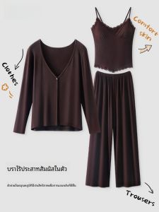 Modal Long Sleeve ชุดนอน ชุดพร้อมแผ่นรองหน้าอก ผู้หญิง ฤดูใบไม้ผลิ ฤดูใบไม้ร่วง แฟชั่น คอวี Duster Robe Home Clothing สามชิ้น ชุดสูท