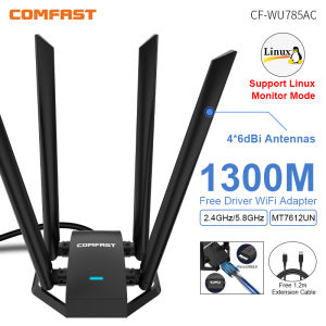 Comfast 1300Mbps Adaptador 2.4G&5GHz Usb Network Card Wireless WiFi Adapter High Gain 4*6dbi Antenna Desktop Linux Wi-fi Receive