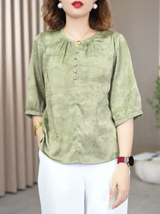 QINGNAER | Elegant Luxurious Round-Neck Seven-Eighths Sleeve Loose Blouse