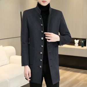 HENGYUANXIANG | Hengyuanxiang Mens Woolen Coat Autumn Winter New Style Casual Thickened Mid-Length Stand Collar Dad Clothes Tweed Outerwear