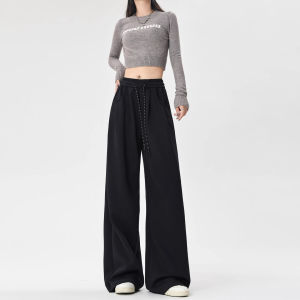 La Chapelle American Style High Waist Wide Leg Sweatpants Womens Spring Autumn Loose Fit Casual Trousers in Dark Blue