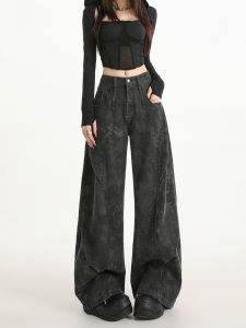American Style Loose Fit Wide Leg Denim Workwear Pants Womens High Waist Loose Dyeing Autumn New Style Casual Trousers