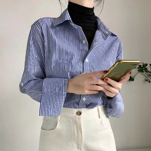 Blue Striped Layering Womens Shirt Design Sensation Commute Inner Wear Top Loose Slimming Autumn Winter Professional Atmosphere