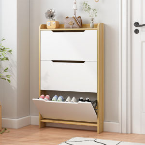 Modern Minimalist Solid Wood Shoe Cabinet Thin Model Home Entrance Hallway Cabinet 15cm Thickness Flip Open Door Design