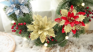【COD】5Pcs Glittering Christmas Flowers Artificial Christmas Floral Fake Flower Xmas Tree Pendant Ornaments New Year Party Decor ﻿(No sticks)