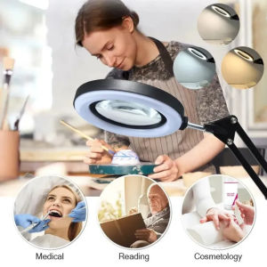 CANMEIJIA LED 10X Magnifying Glass Table Lamp Foldable Illuminated Magnifier Lamps USB 3 Colors Led Long Arm Desk Light with Clip Stepless Dimmable Study Lights for Reading Repair Needlework