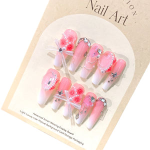 Chinese Style Wedding Nail Art Material Kit Pearl Embedded Transparent Bottom Diamond Pointed Base Rose Flower Design Nail Tips