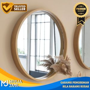 Cermin Bulat Kayu Jati 60 cm / Cermin Kayu Bulat Estetik / Cermin Bulat Tempel Dinding