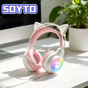 SOYTO | SOYTO Cute RGB Cat Ear Gaming Headset Wired 3D Surround Sound Headphone with Detachable Noise Canceling Mic for Gamer PC Laptop