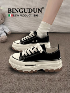 รองเท้าผ้าใบสีขาวพื้นหนาสำหรับผู้หญิง ฤดูใบไม้ผลิและฤดูใบไม้ร่วง สีดำ รองเท้าลำลอง รองเท้ากีฬาแบบอเนกประสงค์ รองเท้าผ้าใบสไตล์เกาหลี