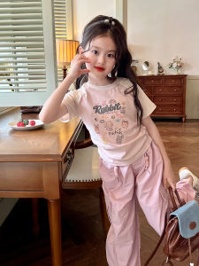 Pure Cotton Short Sleeve T-Shirt for Girls Summer Korean Style Childrens Clothing Print Shoulder Insertion Versatile Kids Tee