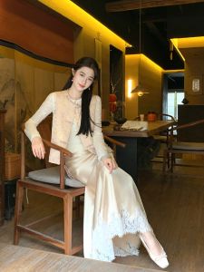 LINGQIAN | Lace Satin Flared Skirt