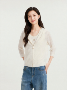 Koradior | Lightweight Zippered Hooded Starlight Effect Ice Porcelain Yarn Summer Cardigan