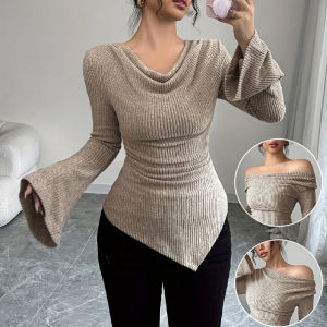 2025 Women Autumn Winter Long Sleeve Y2K Crop Top Trendy Off Shoulder Asymmetrical Fitted Knit V Neck Tee Shirts Tops Streetwear