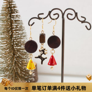 Young Adult Heart Asymmetric Christmas Earrings Unique Bell Sweet Earrings Stylish Wood Piece Ear Clip without Piercing