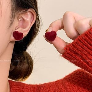 Red Wine Color Flocking Heart Shaped Irregular New Year Womens Earrings Fashionable Elegant Alloy Plated Silver Gold