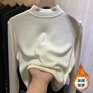 European Goods Small Stand-up Base Shirt Womens Spring Autumn Winter Fleece-Lined Half-High Collar Slimming Versatile Long Sleeves T-shirt Inner Wear Blouse