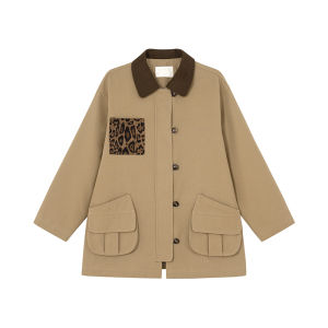 Contrast Collar Leopard Patch Pocket Workwear Jacket Women Mid-Length