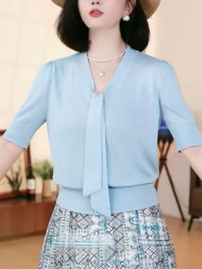 QINGNAER | Graceful Elegant Plus Size V-Neck Belted Short Sleeve Sweater