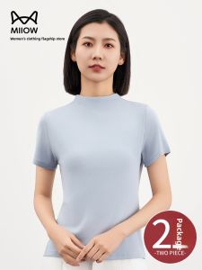 miiow | Slim Fit Modal Short Sleeve T-Shirt Womens Half High Collar Base Shirt Summer New Style Casual Pure Color Cool Feeling Thin Model