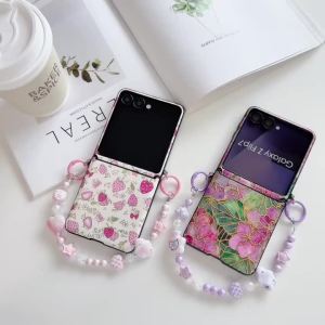 szhaiyu | Phone Case For Samsung Galaxy Z Flip 8 7 6 5 4 3 With Luxury Retro Flower Crystal Beads Chain With Wrist Strap Shockproof Cover