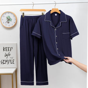 MiiOW | ชุดนอนผู้ชายผ้าฝ้ายแท้ MiiOW ฤดูใบไม้ผลิ ฤดูใบไม้ร่วง แขนสั้น กางเกงขายาว ชุดสามชิ้น สีพื้น ชุดอยู่บ้าน ไซส์ใหญ่