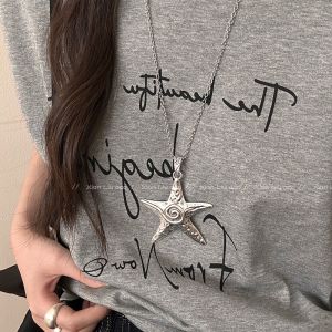 Silver Starfish Long Necklace Womens Fashion Fresh out Sweet Cool Clavicle Chain Versatile Accessory Elegant Match All