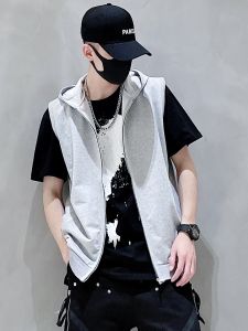 Spring Autumn Mens Slim Fit Hoodie Vest Sleeveless Zipper Closure Pure Color Casual Outerwear Versatile Youth Fashion
