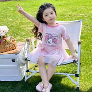 Kuromi Girls Summer Dress Short Sleeve Princess Skirt Baby Fashionable Childrens Clothing Elastic Waist Breathable Fabric
