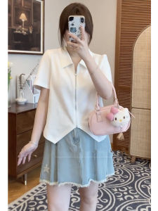 พรางหุ่น ขนาดใหญ่ ซิป เสื้อยืดโปโลผู้หญิง ฤดูร้อน ทันสมัย ไหล่ ดีไซน์ แขนสั้นตรงประเภทหลอดสีบริสุทธิ์