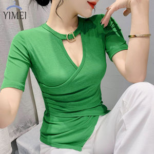YIMEI Áo Cổ Chữ V Gợi Cảm Thời Trang Hàn Quốc Áo Thun Nữ Không Chính Quy Thiết Kế Mùa Hè Mới 2023 Áo Cotton Dáng Ôm Cho Nữ