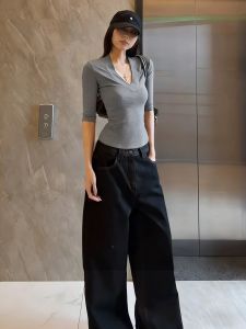 QIAOCHENXIAN | Cotton V-Neck Mid-Sleeve T-Shirt