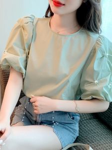 French Style Chiffon Shirt Women Summer New Loose Fashion Bead Bubble Sleeve Pleated Design Trendy Top Commute Loose Fit Short Sleeve round Neck