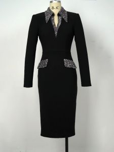 ZYHT เดรสผู้หญิง เดรสสีดำ เดรสแขนยาว เดรสซผ้าเลื่อม เดรสทำงาน เดรสไฮโซ เดรสวินเทจ เดรสออกงาน เดรสปาร์ตี้ ชุดราตรี 51190