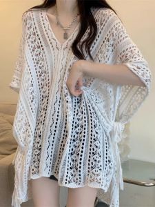 เสื้อถักคอวีแขนกุดหลวมๆ สไตล์เกาหลีสำหรับผู้หญิง ฤดูร้อน 2024 เสื้อคลุมแขนยาวทรงหลวมสไตล์ลำลองขนาดใหญ่