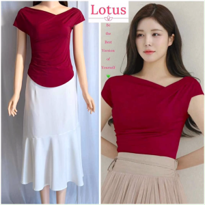 Lotus] Áo Kiểu Nữ Cổ Lệch Đẹp/ Áo Thun Đỏ Đô Ôm Body Tôn Dáng/ Áo Thun Tay Ngắn Phối Chân Váy Giáng Sinh Năm Mới Tết