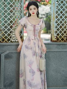 Princess Sleeve Tea Break French Court Style Long Dress Summer Purple Floral Print Fairy Tale Forest System Skirt Womens Fashion